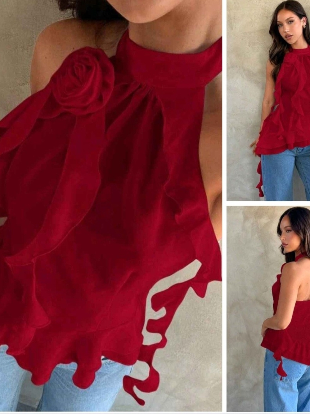 SHEIN Red Ruffle Halter Top with Rosette